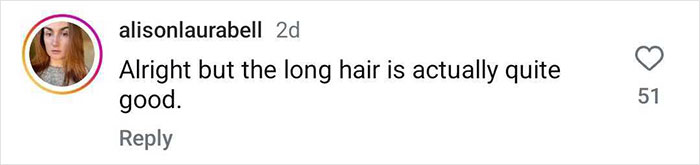 Instagram comment on Taylor Swift's style, praising her long hair, with 51 likes.