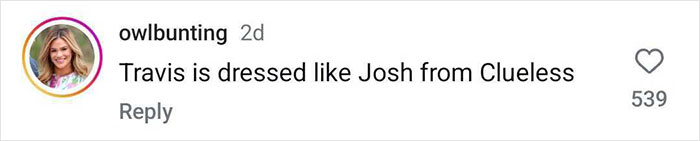 Comment comparing Travis Kelce's outfit to Josh from Clueless, related to Taylor Swift's date night look.