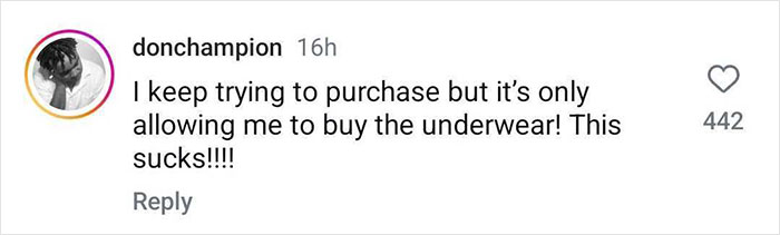 Comment on Bad Bunny Calvin Klein ad, expressing frustration over limited purchase options, receiving 442 likes.