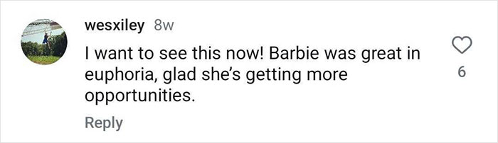 Comment praising Barbie Ferreira's performance and new opportunities.