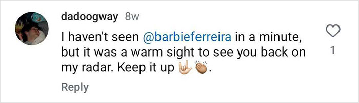 Barbie Ferreira praised in social media comment for her movie before weight loss, user expresses admiration.