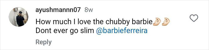 A fan comment expressing admiration for Barbie Ferreira's appearance before weight loss.