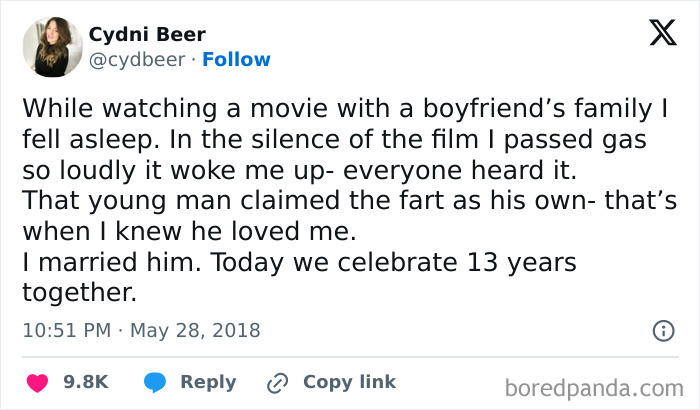 Tweet from a user sharing a humorous story about passing gas, love, and 13 years of marriage, highlighted on Women’s Humor page.
