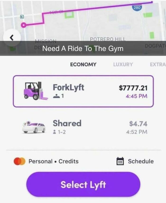 Funny meme shows a "ForkLyft" ride option priced at $7777.21 as a joke on a ride-sharing app screen.