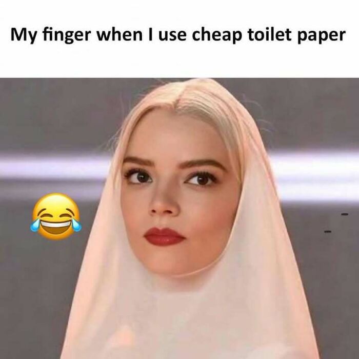 Funny meme of a woman with a white scarf, emoji laughing, caption about cheap toilet paper.