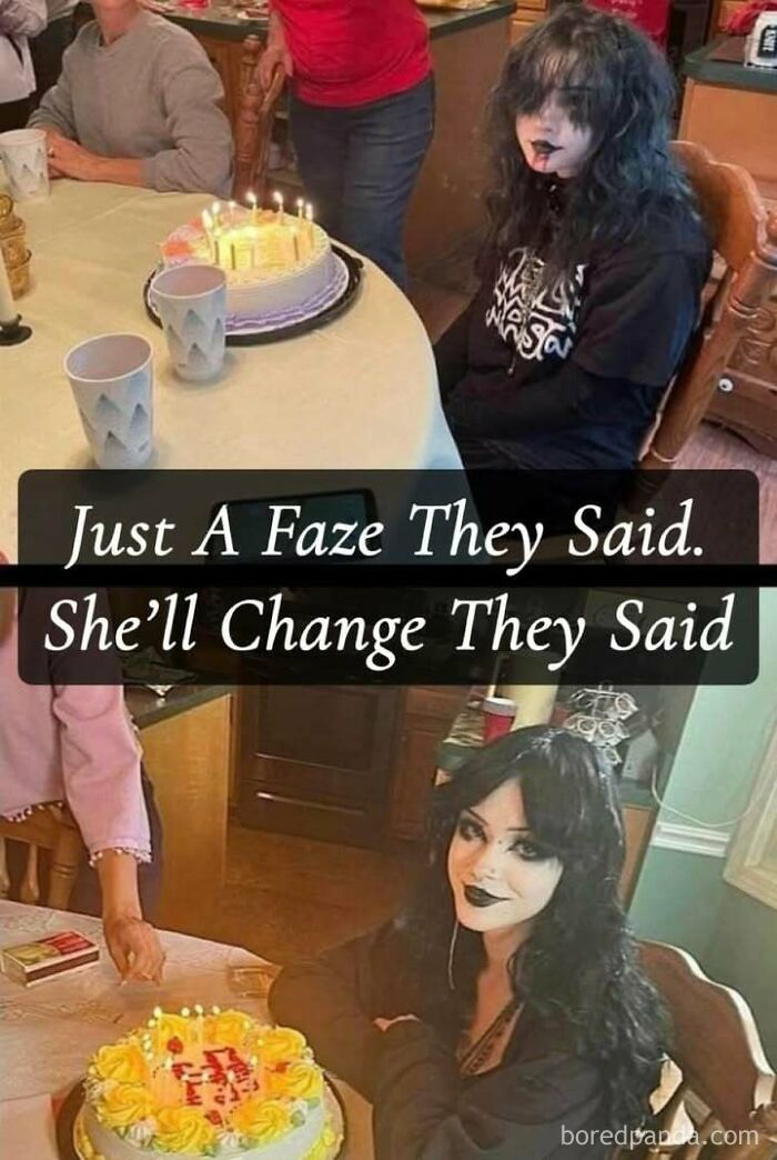 A person in goth makeup at two birthday parties, with a funny meme text overlay.