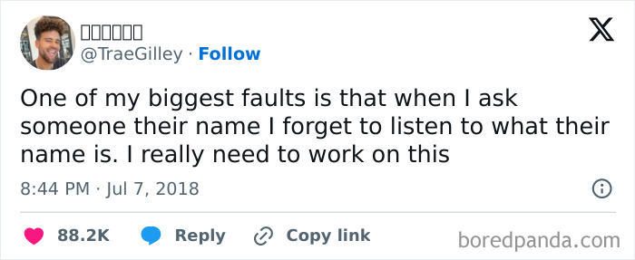 Tweet about awkward life moment forgetting someone's name after asking.