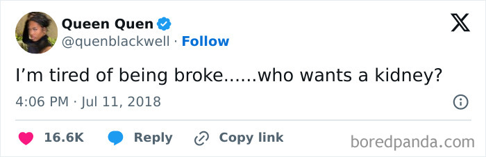 Tweet about being broke humorously offering a kidney for sale.
