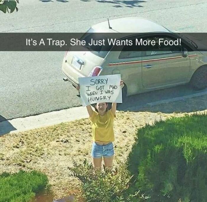 Person holding a sign saying "Sorry I got mad when I was hungry," humorously illustrating funny memes theme.
