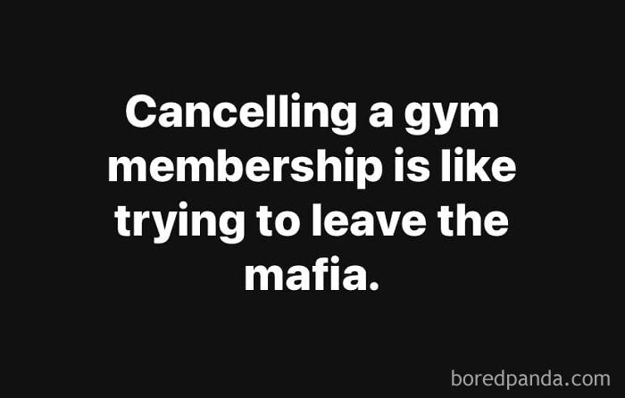 Funny meme about canceling a gym membership compared to leaving the mafia, shared on Facebook.
