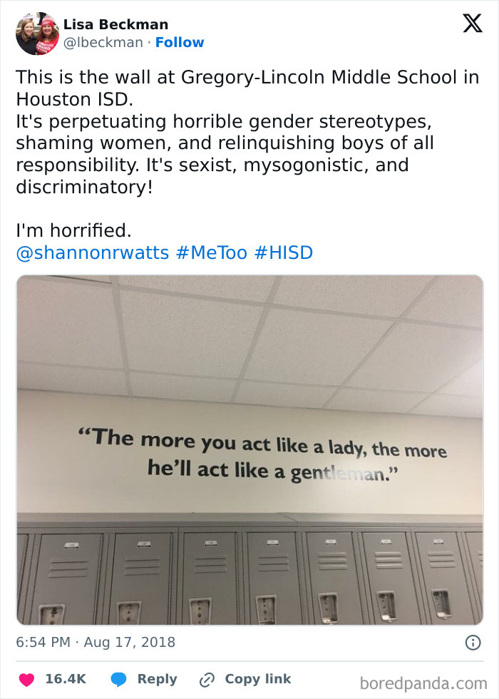 Wall quote about gender roles at American school above lockers, criticized for promoting stereotypes.