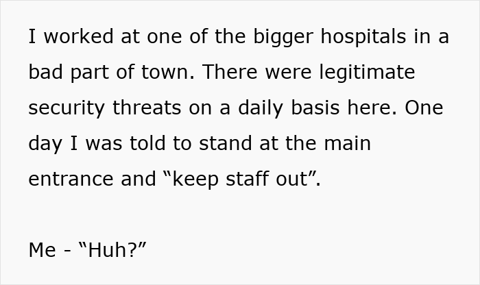 Text showing worker's story about a hospital entrance rule and confusion.