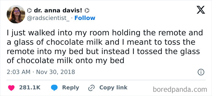 Tweet about accidentally tossing chocolate milk on bed, a worse day moment.