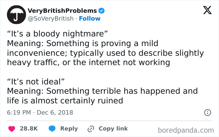 British problems humor tweet, discussing expressions like "bloody nightmare" and "it's not ideal" for inconveniences and disasters.