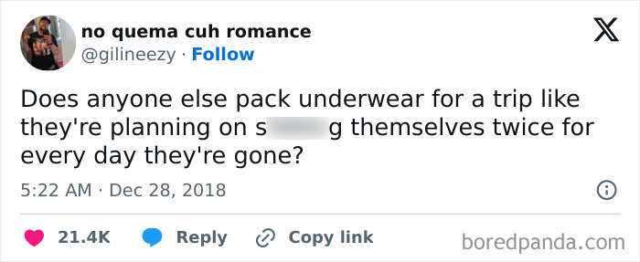 Tweet humorously discussing awkward life moment of overpacking underwear for trips.