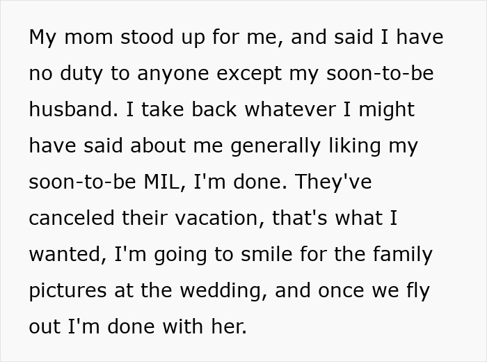 Text expressing relief over future in-law's canceled vacation at the same honeymoon spot.