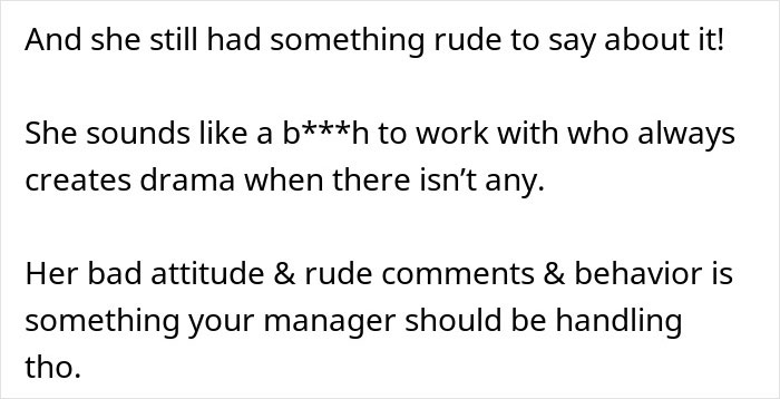 Text highlighting rude coworker's behavior and ongoing drama over cooking. Text highlighting rude coworker's behavior and ongoing drama over cooking.