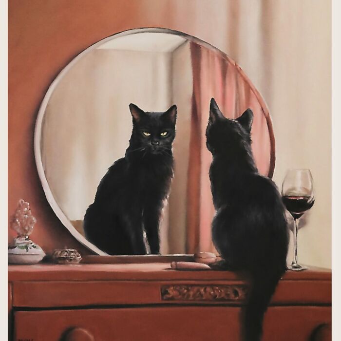 Anthropomorphic artwork of a black cat sitting on a dresser, looking into a mirror next to a glass of red wine.