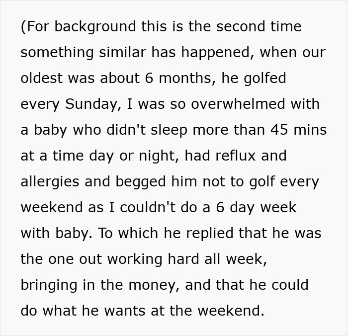 Text on screen discusses overwhelmed wife with toddlers, husband's weekend golfing instead of helping with parenting.