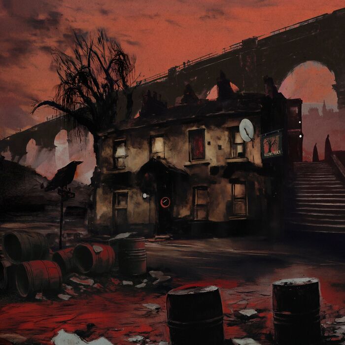 A painting depicts eerie scenery with industrial decay, featuring a darkened house and barrels under a red sky.