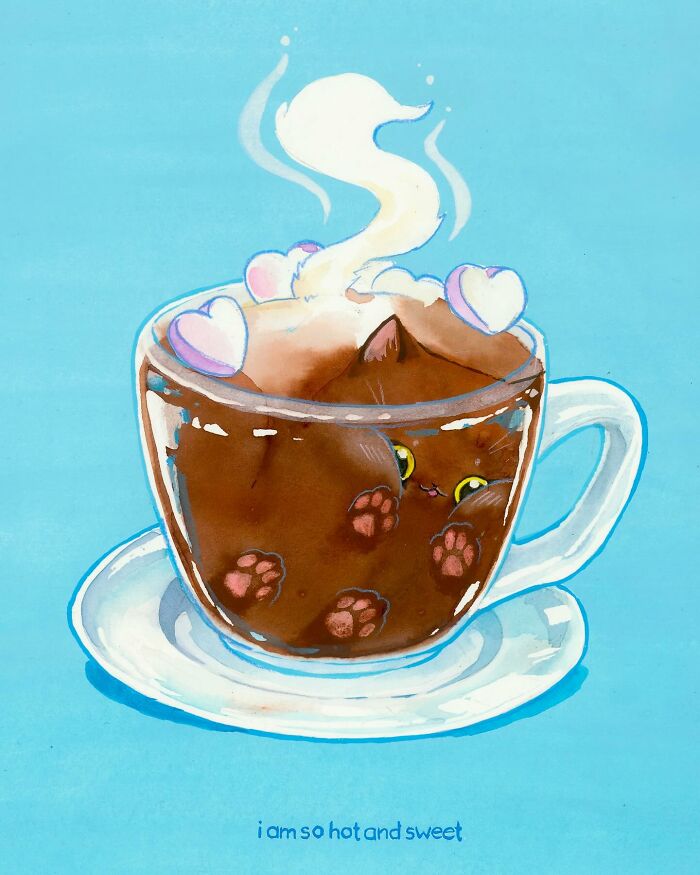 Dream-like painting of a cat soaking in a steaming coffee cup, surrounded by heart-shaped bubbles.