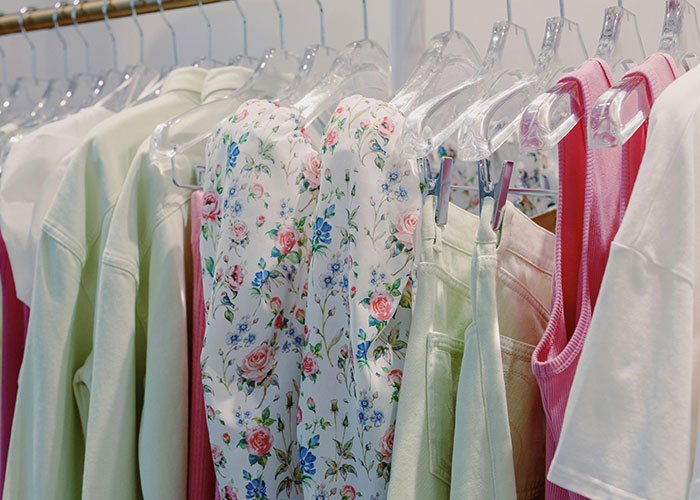 Clothes hanging in a closet, featuring floral and pastel designs, symbolizing coming out experiences.