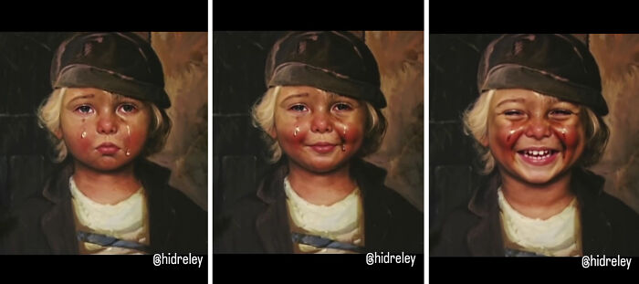 Three frames showing Bragolin's crying child transformed from tears to smiles using AI, from sad to joyful expressions.