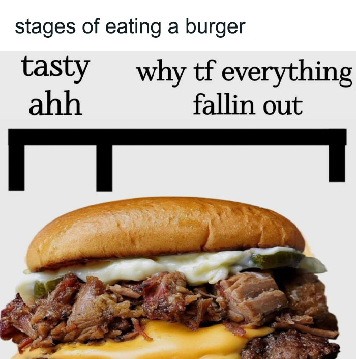 Burger meme showing stages of eating: tasty, ahh, then ingredients falling out, highlighting humor with food-related themes.