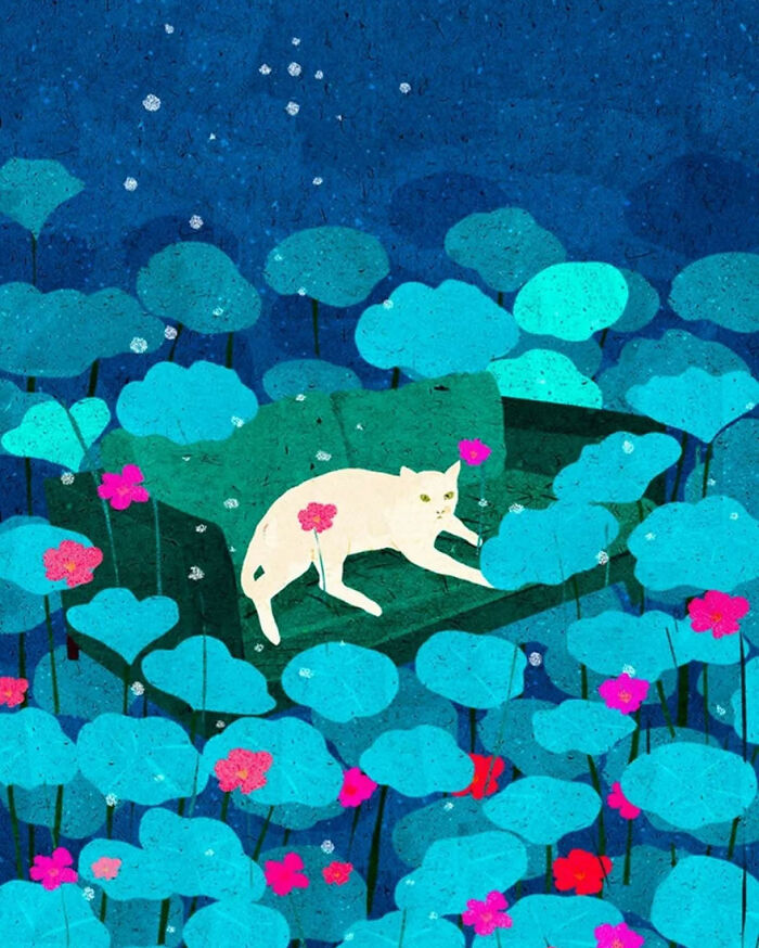 A serene illustration by a Vietnamese artist featuring a white cat among blue plants and pink flowers.