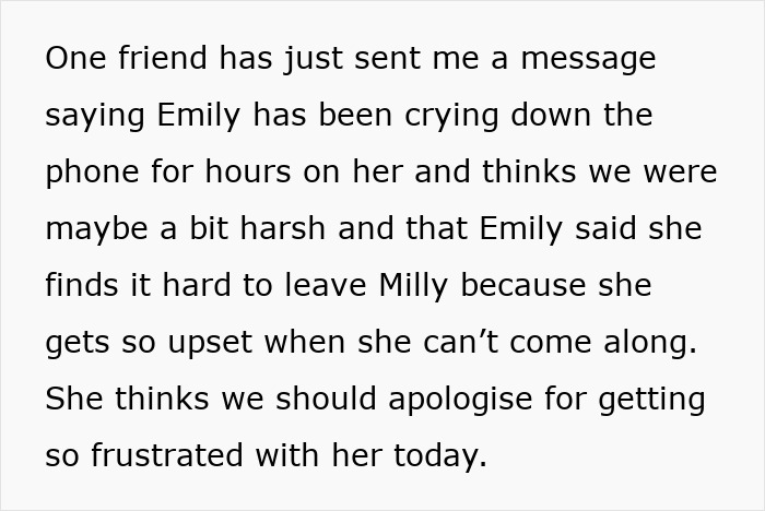 Text message about a woman excluded from a friend group after bringing her child to a kid-free spa day.