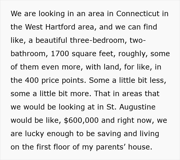 Mom explains moving to a blue state for affordable housing compared to St. Augustine prices.