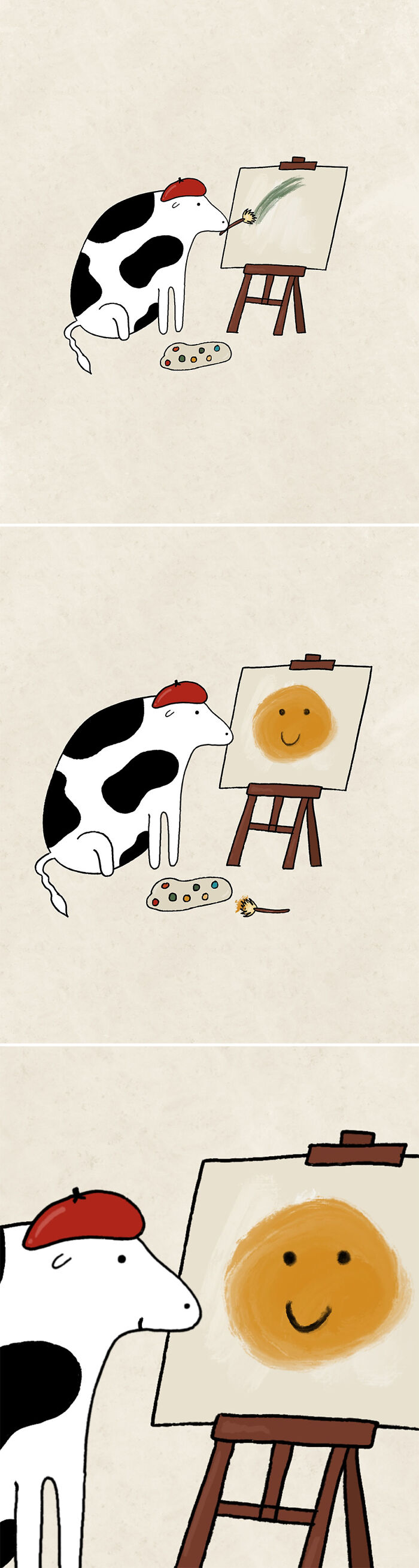 Cow artist painting a smiley face on canvas, wearing a red beret.