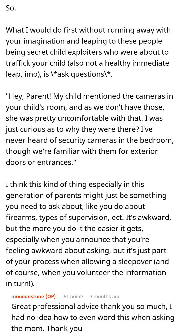 Parent advice text on discussing cameras found in a friend's room during sleepovers. Parent advice text on discussing cameras found in a friend's room during sleepovers.