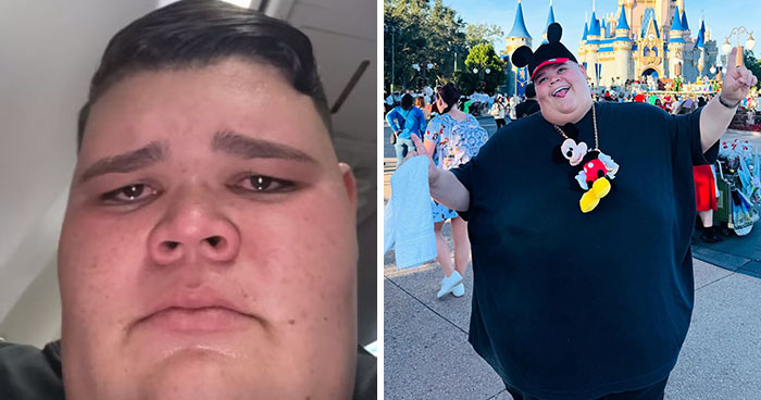 Plus-size customer in two contrasting moments: looking upset indoors and joyful at a theme park wearing Mickey Mouse ears.
