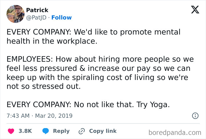 Work-related humor meme about mental health in the workplace with a conversation between companies and employees.