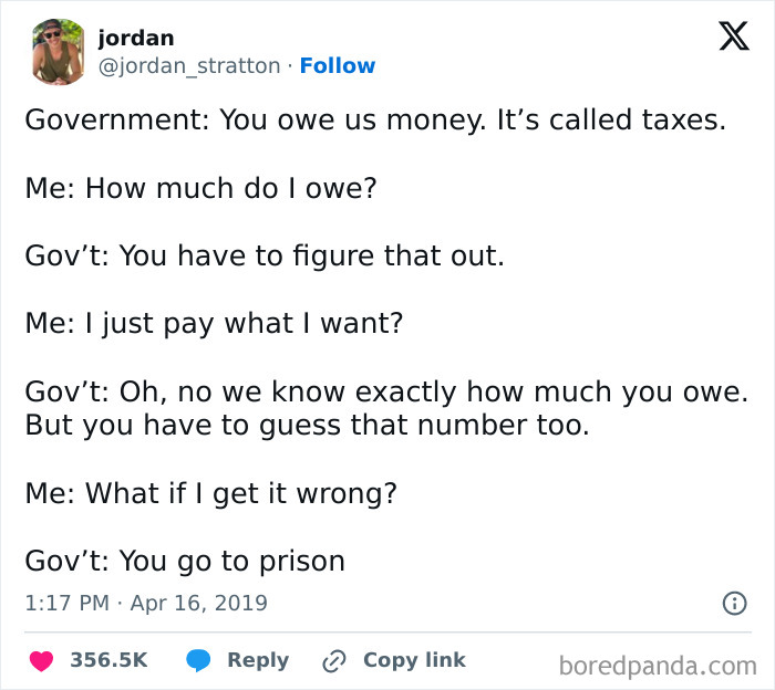 Government tax humor meme about figuring out taxes, highlighting the absurdity of guessing owed amounts under penalty.