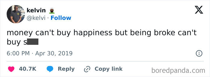 Tweet about broke people highlighting the irony of money and happiness.