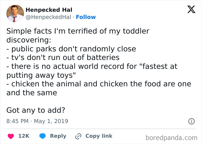 Wholesome dad tweet about humorous toddler truths, featuring a list of parenting insights and funny facts from a father's perspective.