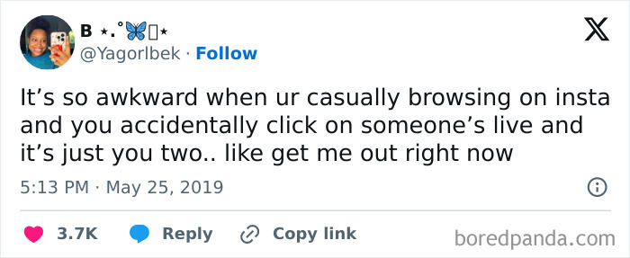 Tweet about awkward life moment of accidentally joining an Instagram live, with username and engagement metrics shown.