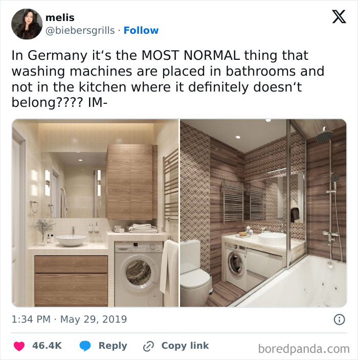 Split image showing washing machines in bathrooms, highlighting cultural differences in appliance placement.