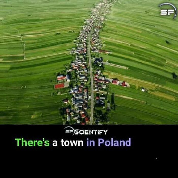 Arial view of a long, narrow town surrounded by green fields in Poland, showcasing a literal meme.