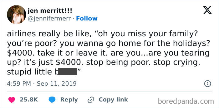 Social media post humorously depicting airlines and broke-people jokes about expensive holiday flights.