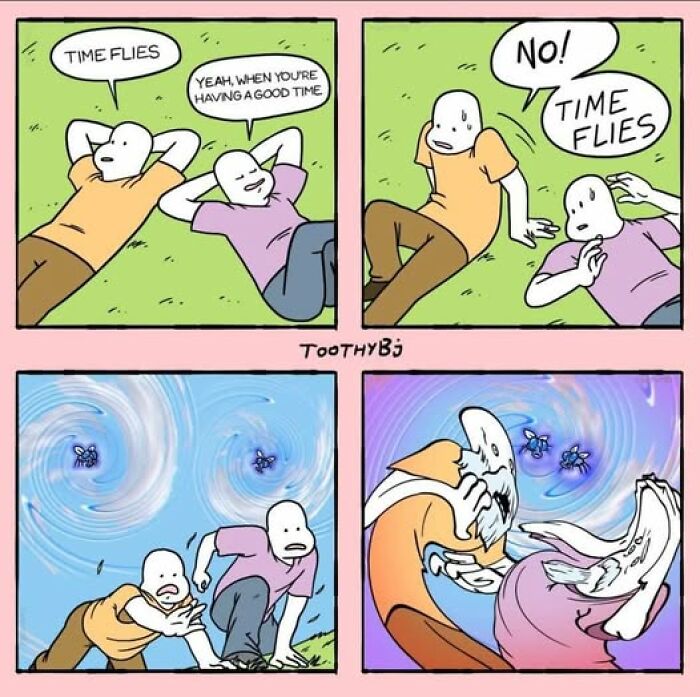 Comic of two people surprised as literal time flies whirl around them.