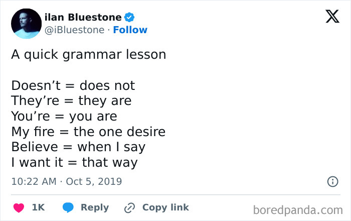 Funny meme about grammar, humorously mixing grammar rules with Backstreet Boys lyrics for comic relief.