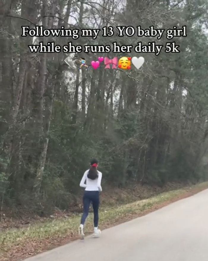 Mom follows daughter during her 5k run on a forest path, sparking important discussion.