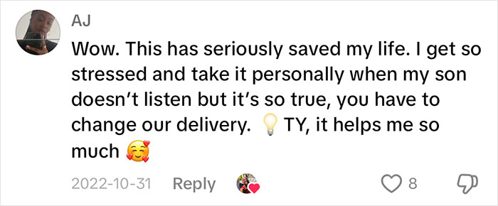 Comment from a parent expressing gratitude for parenting tips, highlighting stress relief and communication improvement. Comment from a parent expressing gratitude for parenting tips, highlighting stress relief and communication improvement.