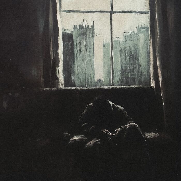 Eerie scenery painting depicting industrial decay outside a window with a figure sitting in shadow.