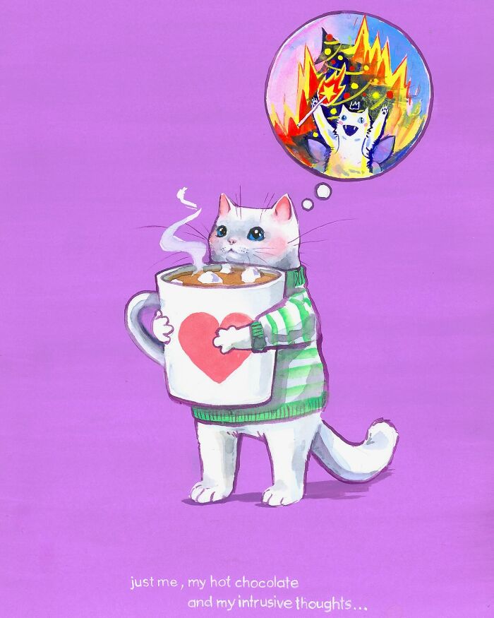 Playful dream-like painting of a cat with hot chocolate, wearing a green sweater.