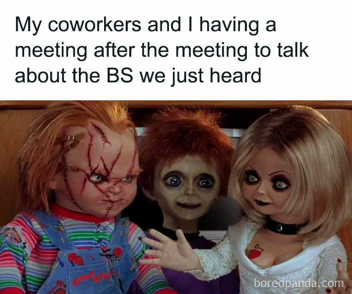 Three dolls in a humorous meeting, representing relatable job memes about post-meeting discussions.