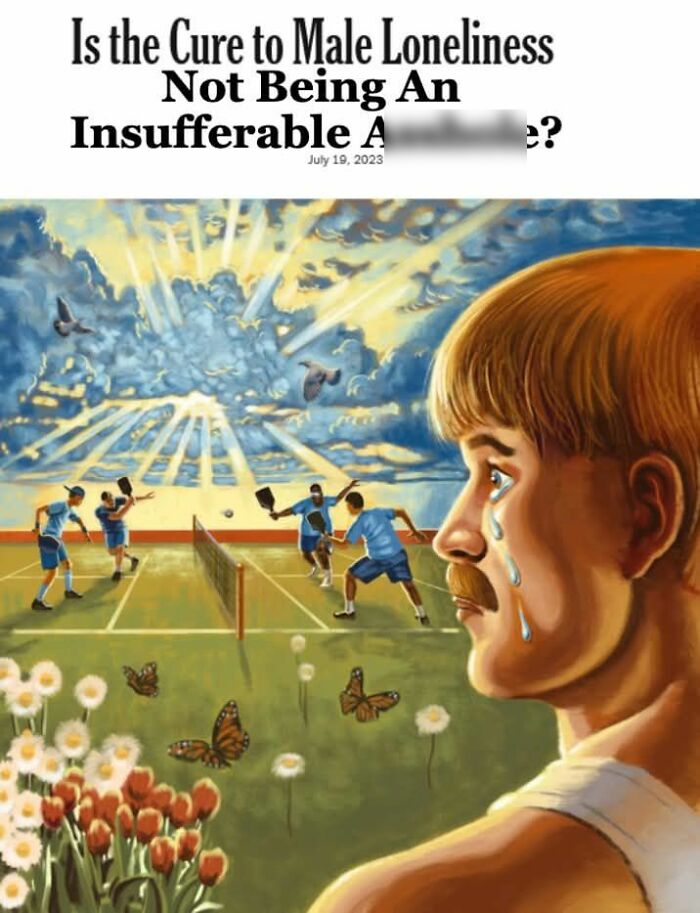 A humorous meme: a mustached man cries while watching a pickleball game.